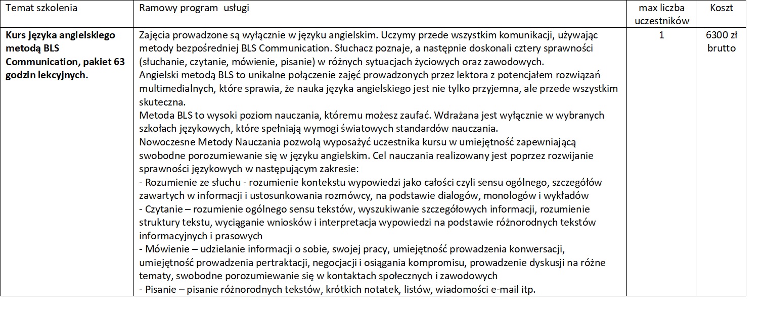 Kurs języka angielskiego metodą BLS Communication, pakiet 63 godzin lekcyjnych.